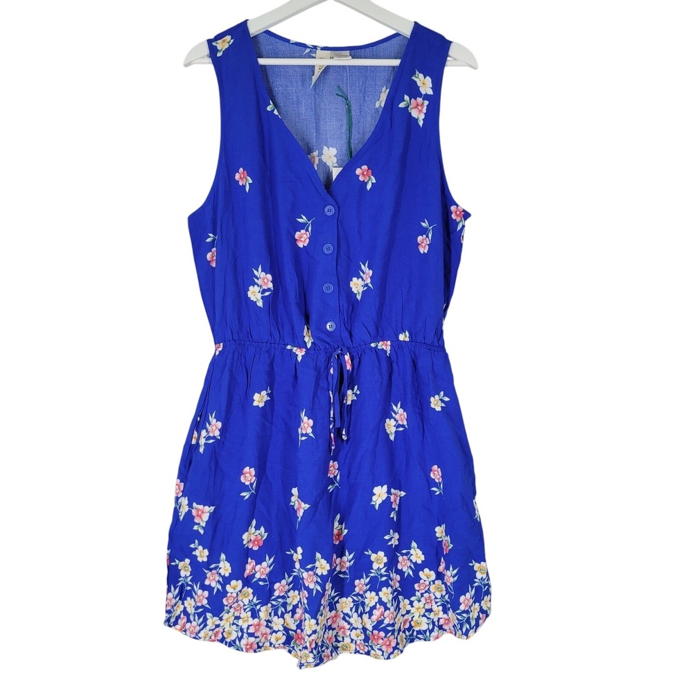 Mimi Chica Floral Mini Dress Womens XL Blue Button Front Sleeveless DWAK962